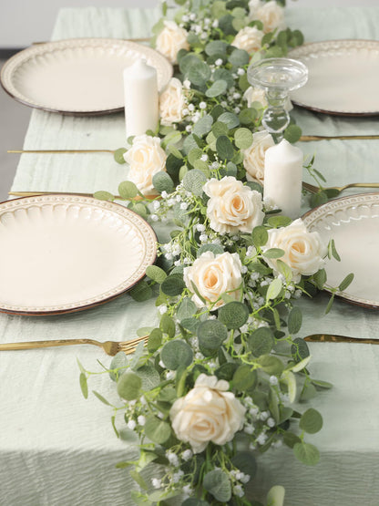 Anna's Whimsy 5.91FT Artificial Eucalyptus Garland with Flowers, Fake Flower Rose Gypsophila, Faux Floral Greenery Garland for Wedding Spring Home Party Craft Art Table Runner Decor