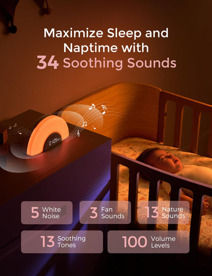Momcozy DreamSync Tech™ Baby Sound Machine, Night Light, APP Control, Routine Builder, White Noise Machine with 34 Soothing Sounds, Wake Up Light Sunrise Alarm Clock, Wireless Speaker