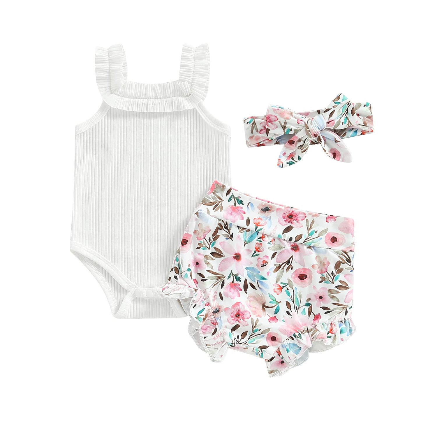 Murnouche Newborn Baby Girl Summer Clothes Sleeveless Floral Top Ribbed Shorts Boho Outfit Set