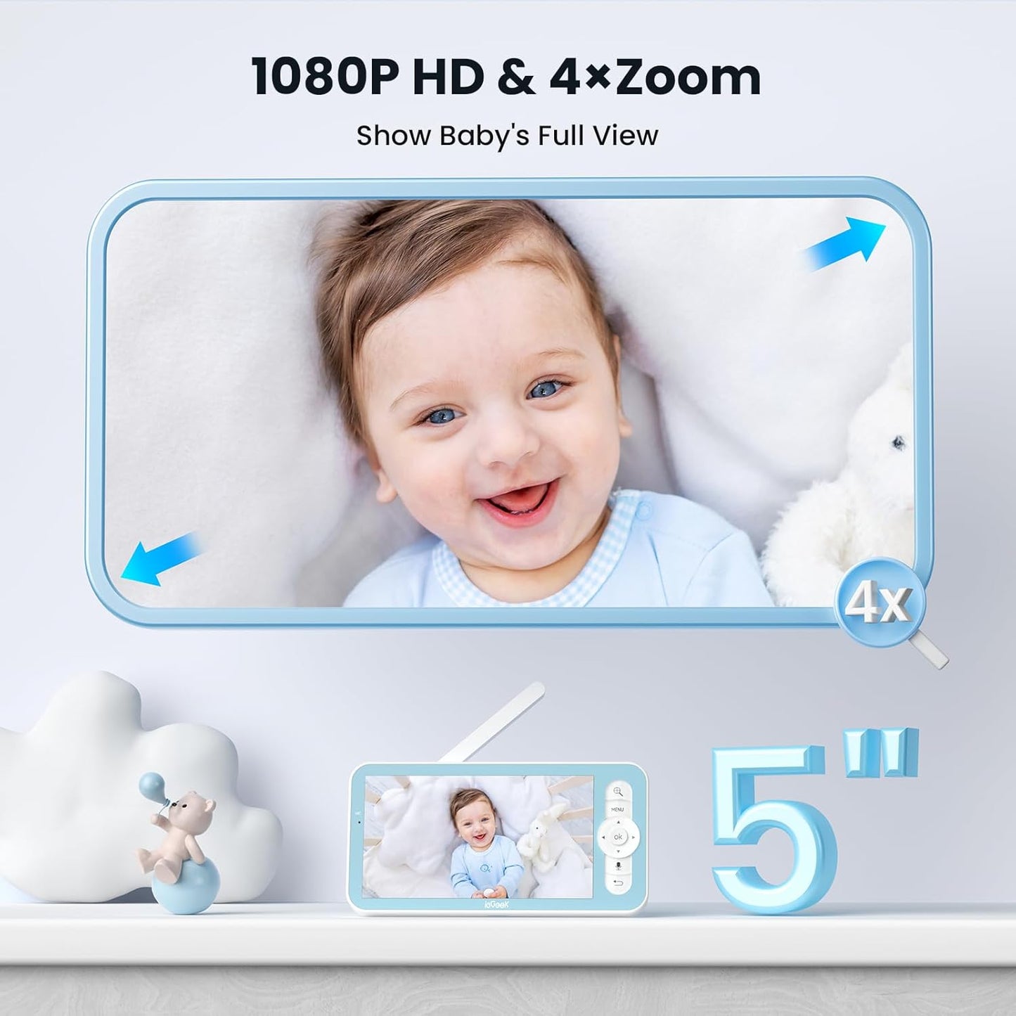 ieGeek 5'' Video Baby Monitor with 1080P HD Camera, WiFi Smartphone App Control, Night Vision, Sound & Motion Detection, 2-Way Talk, 360° PTZ, LCD Monitor Included, 24/7 Recording with Local Storage