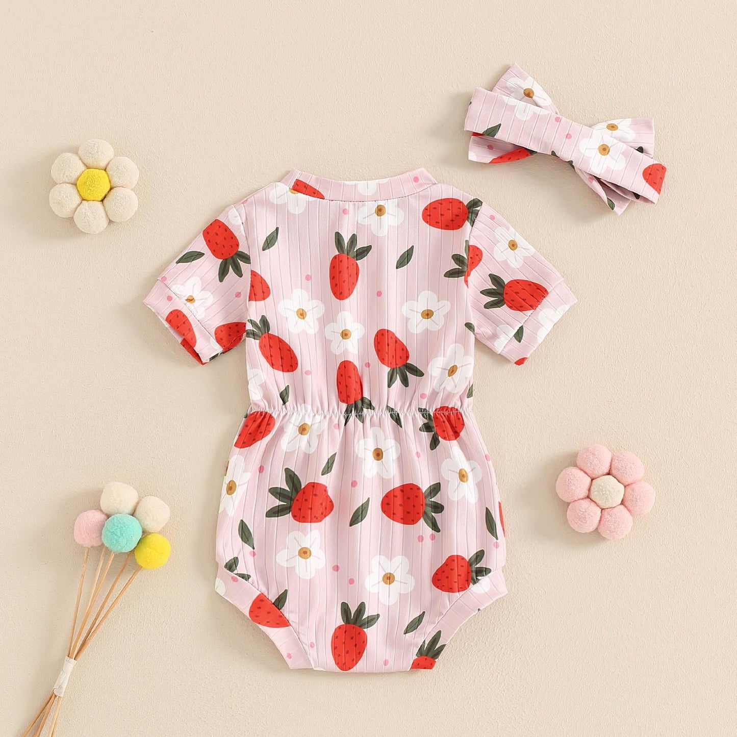 Baby Girl Summer Clothes Ribbed Short Sleeve Romper Solid Color Bodysuits Bow Headband Outfit Newborn Girl Jumpsuit