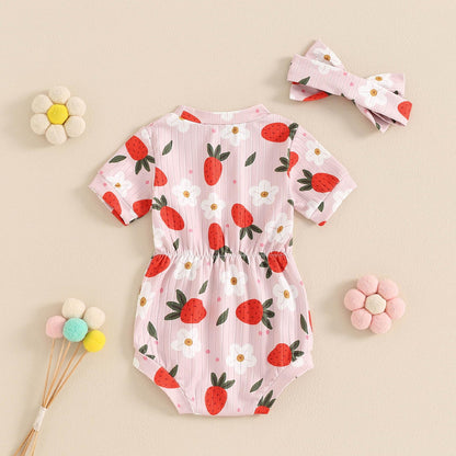 Baby Girl Summer Clothes Ribbed Short Sleeve Romper Solid Color Bodysuits Bow Headband Outfit Newborn Girl Jumpsuit