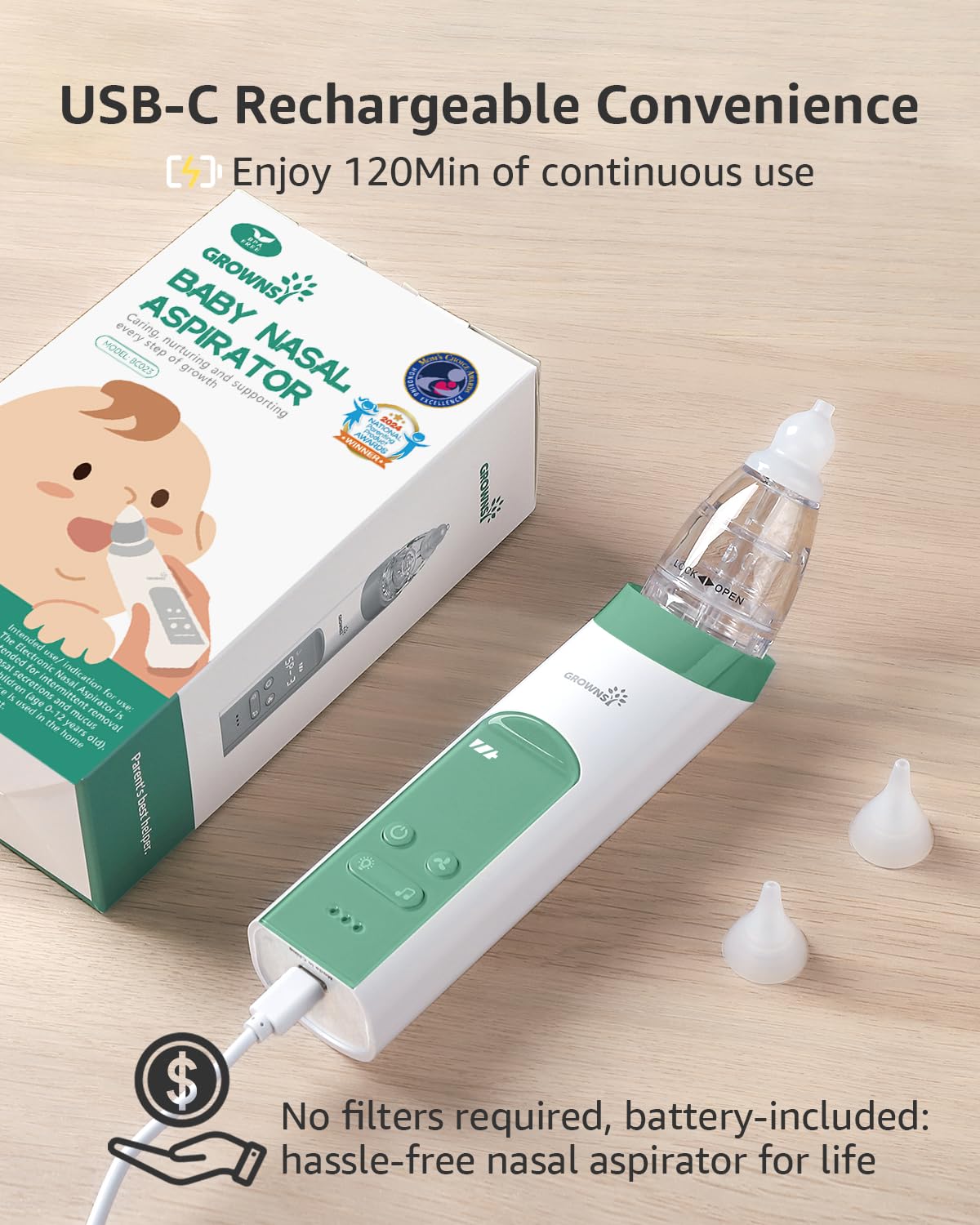 GROWNSY Nasal Aspirator for Baby, Electric Nose Aspirator for Toddler, Baby Nose Sucker, Automatic Nose Cleaner with 3 Silicone Tips, Adjustable Suction Level, Music and Light Soothing Function