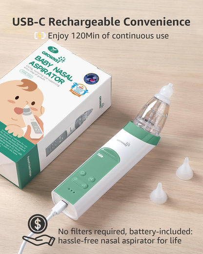 GROWNSY Nasal Aspirator for Baby, Electric Nose Aspirator for Toddler, Baby Nose Sucker, Automatic Nose Cleaner with 3 Silicone Tips, Adjustable Suction Level, Music and Light Soothing Function