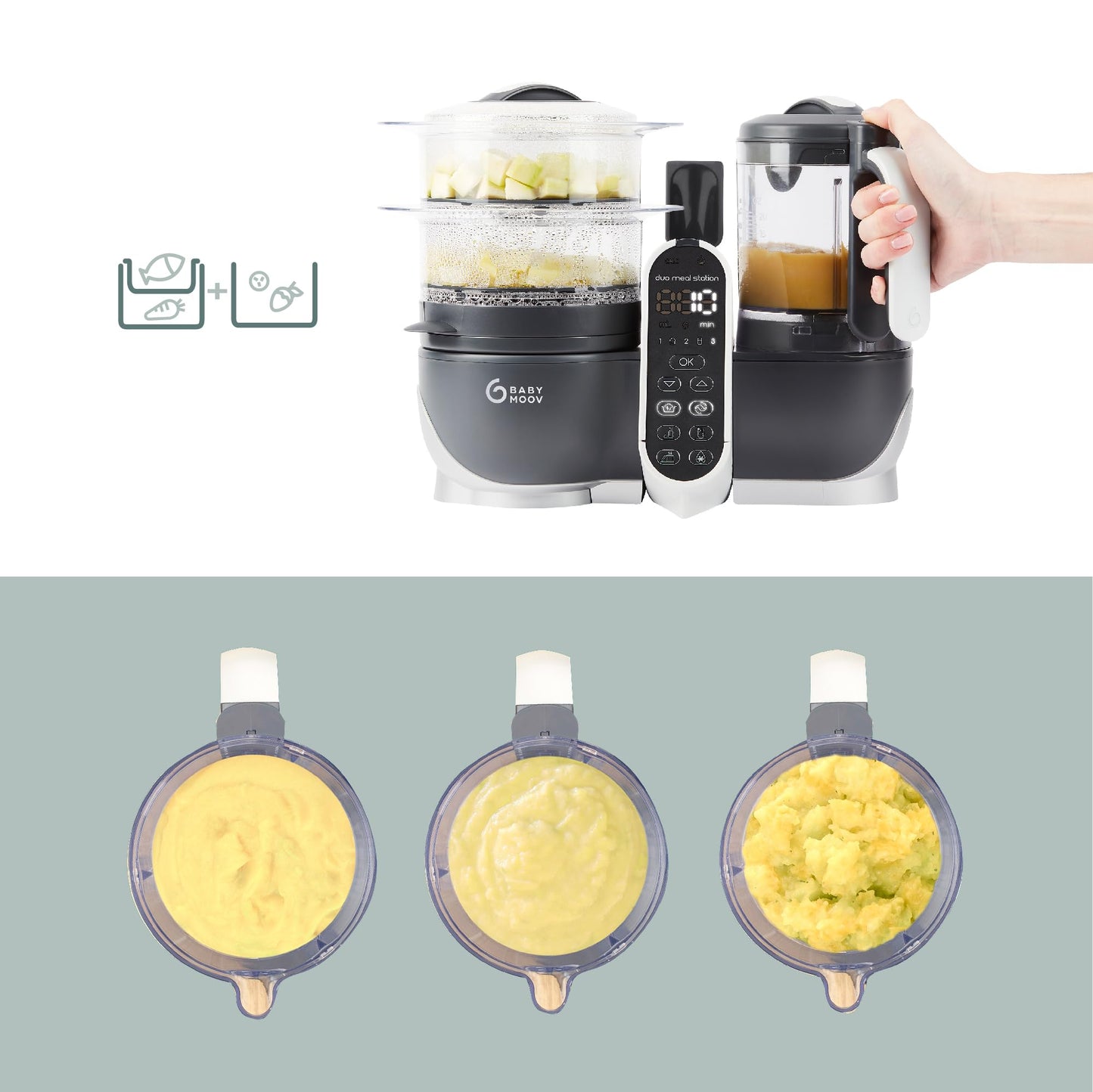 Babymoov Duo Meal Station 6 in 1: Multi-Speed Baby Food Maker Steamer and Puree Blender, Baby Food Processor that warms & defrosts (Nutritionist Approved), Mineral Beige