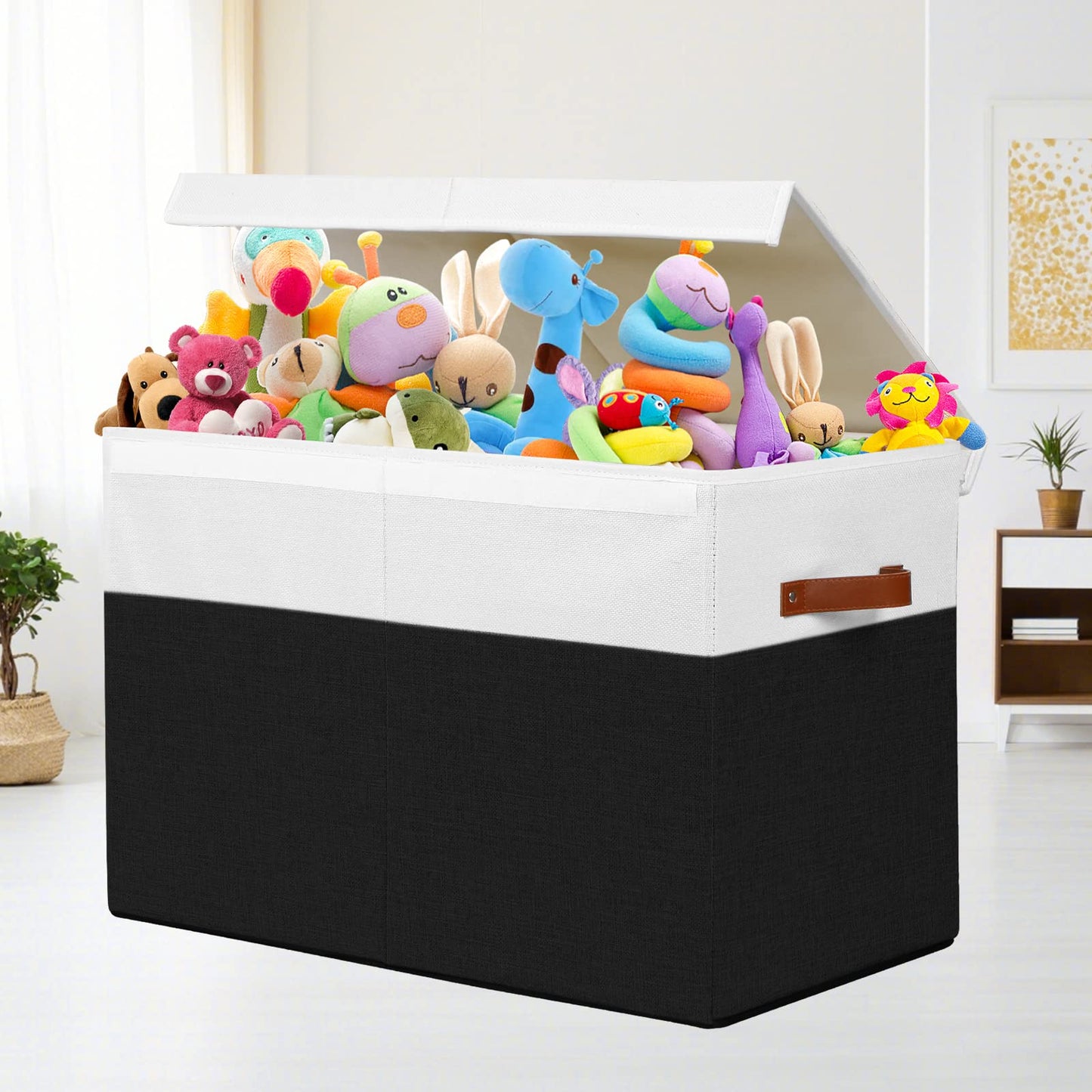 Large Toy Storage Box with Lid, Sturdy Toys Storage Chest Bin Organizer Basket with Dividers for Kids, Boys, Girls, Nursery, Closet, Bedroom, Playroom 25"x13" x16" (Beige and White)