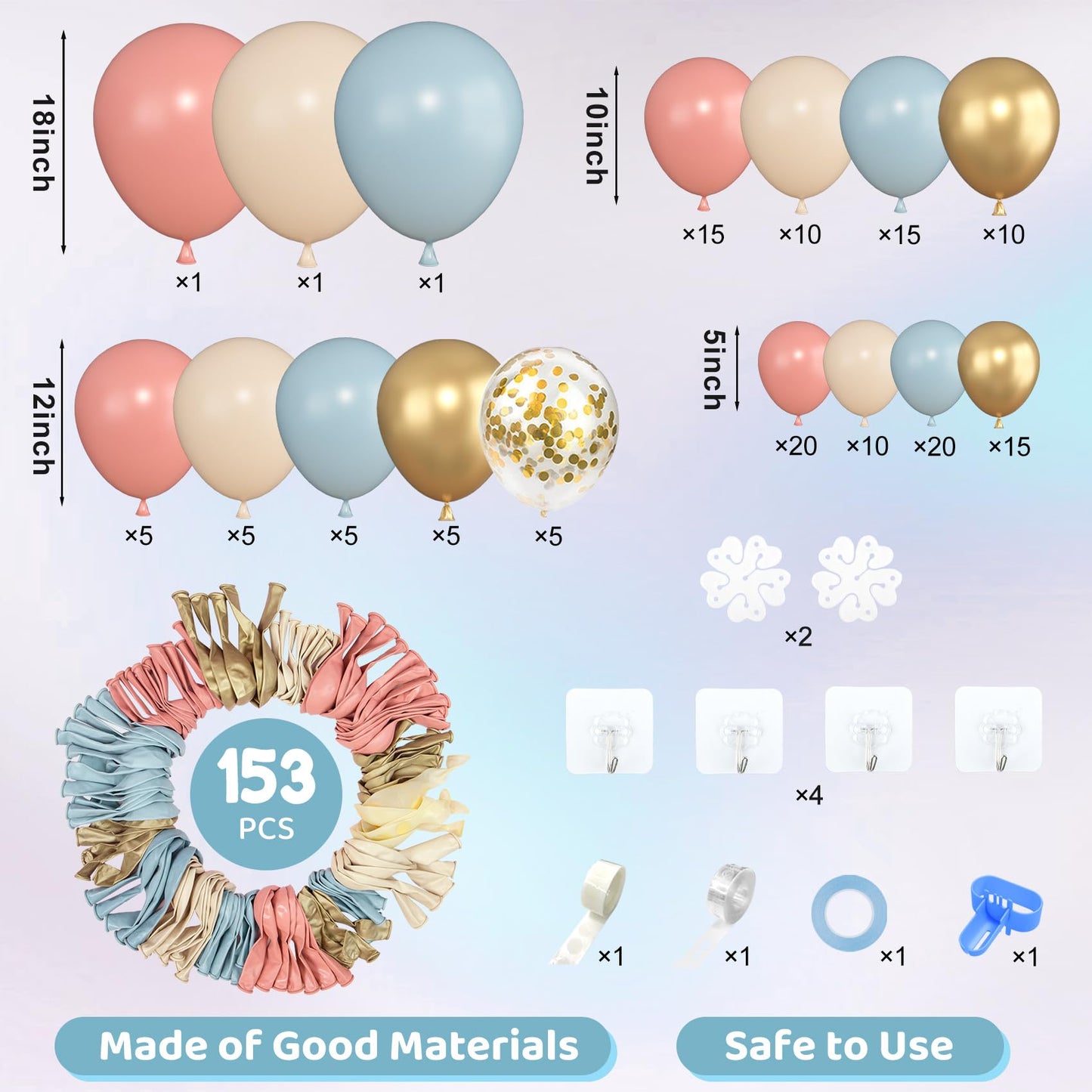 Amandir 153pcs Sage Green Balloon Garland Arch Kit, Different Sizes 18 12 10 5 inch Green Blush Gold Latex Metallic Confetti Gold Balloons for Birthday Baby Shower Wedding Safari Forest Decorations