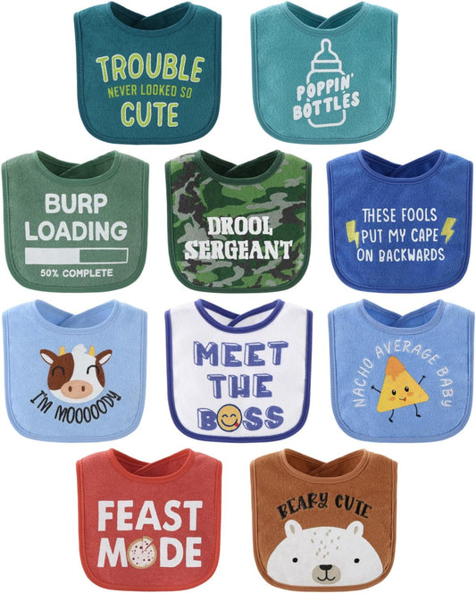 The Peanutshell Baby Boy Terry Bibs Set of 10-100% Cotton, Soft, Absorbent Baby Bibs, Toddler Boy Set, Newborn & Infant Bib - Oh Boy!
