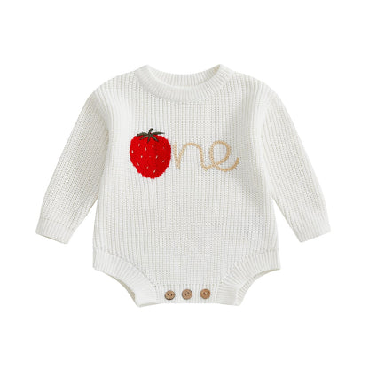 Baby Girl First Birthday Outfit One Year Old Strawberry Embroidery Knit Sweater Romper Warm Fall Winter Clothes