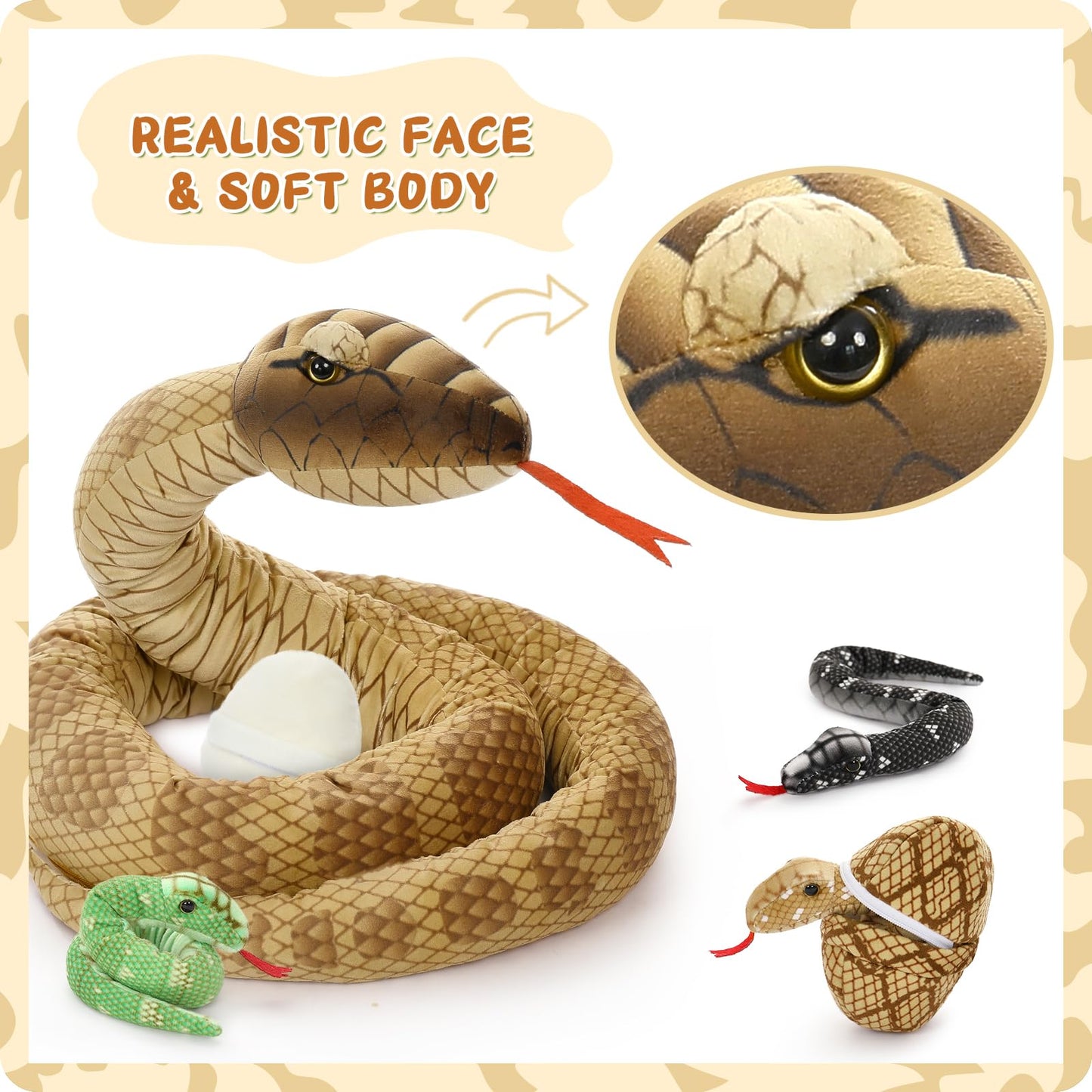 MorisMos Snake Stuffed Animals Plush Toy 120 Inch Giant Snake Plush with Babies Stuffed Snake Toys for Kids Plush Party Decorations Favors Prank Props, 4 Snake Babies, 3 Snake Eggs