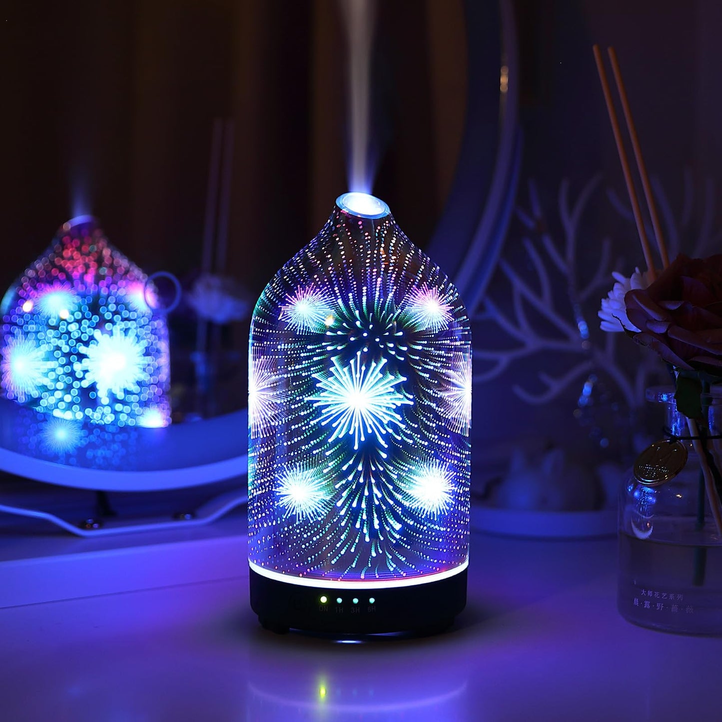 Essential Oil Diffuser Hand Blown Glass Aromatherapy Diffuser - Ultrasonic Cool Mist Scent Aroma Diffuser, Whisper Quiet with Auto Shut-Off, Timer Setting &7 Colors Night Light for Home