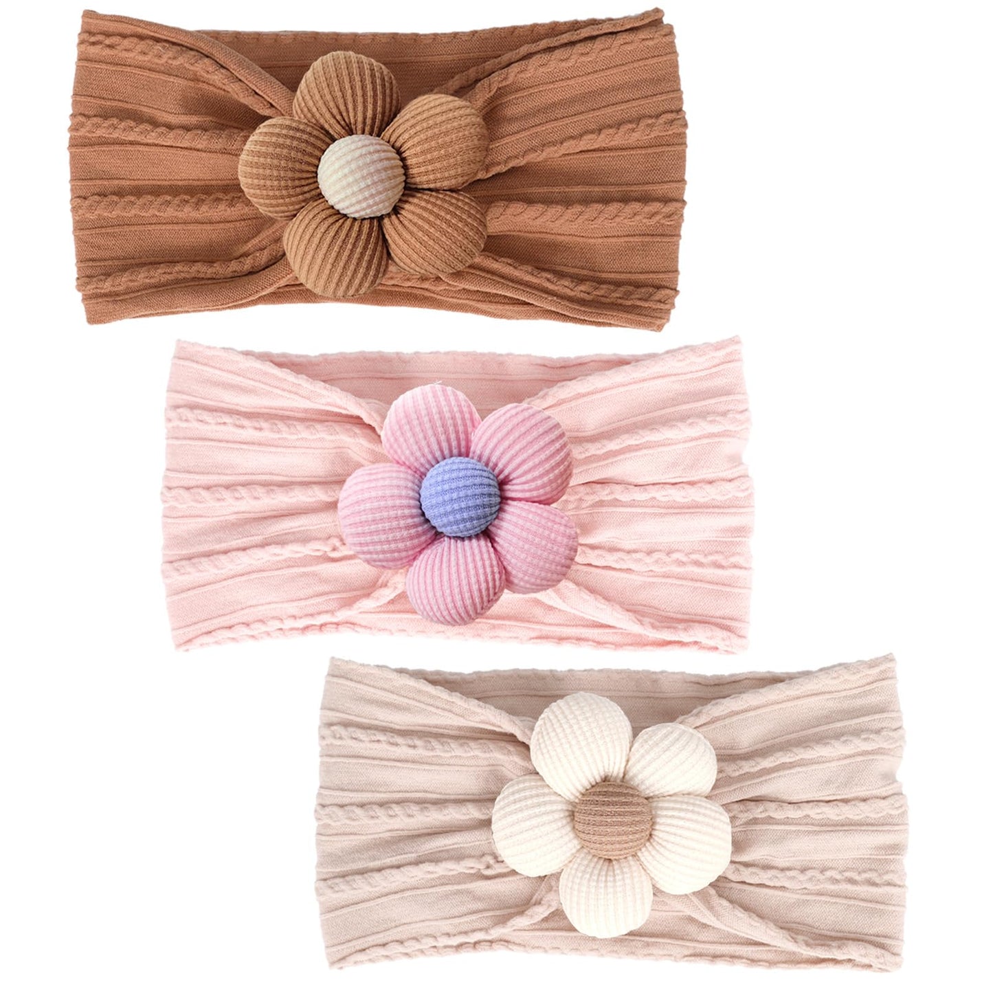 3 Pcs Baby Flower Headbands Baby Girls Nylon Headband Soft Hairbands Hair Accessories for Newborn Infant Toddler Kids (Beige Pink Khaki)