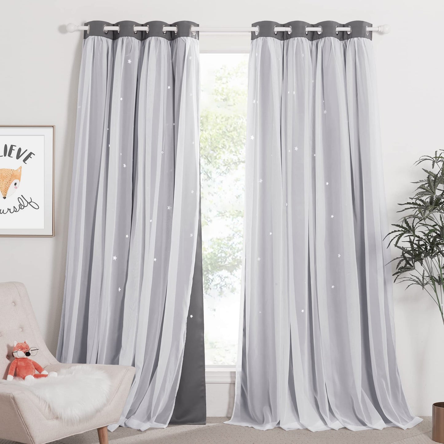 NICETOWN Nursery Curtains for Kids, Farmhouse Blackout Curtain Panels for Bedroom, Double Layer Star Hollow-Out Grommet Aesthetic Living Room Toddler Window Curtains, 2 Pcs, W52 x L84, Biscotti Beige