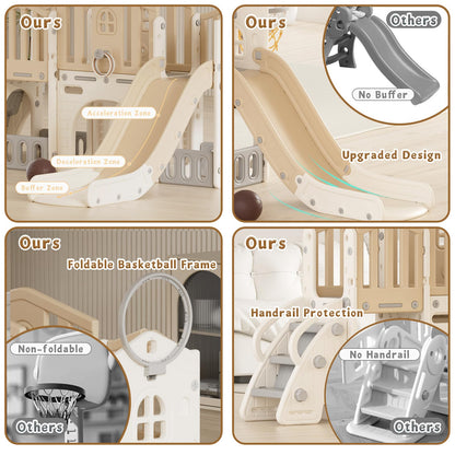 KORIMEFA 8 in 1 Toddler Slide Set, Kids Slide for Toddlers Age 1-3, Toddler Climber PlaySet with Basketball Hoop and Ball, Outdoor Indoor Kids Playground for Toddlers 1-3, Beige
