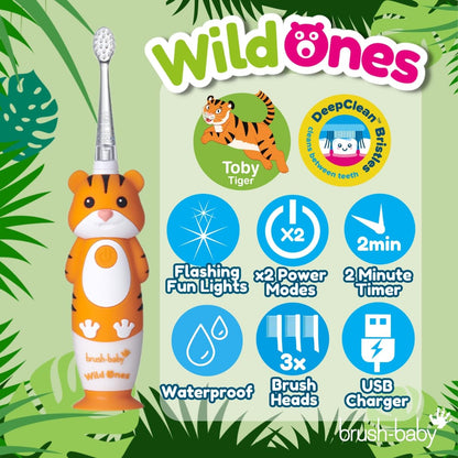 brush-baby WildOnes™ Rechargeable Kids Electric Toothbrush – Toby Tiger | Flashing Lights, 2-Min Timer, Waterproof, 3 Brush Heads | Toddler & Child Toothbrush Ages 0-10 | Soft Bristles