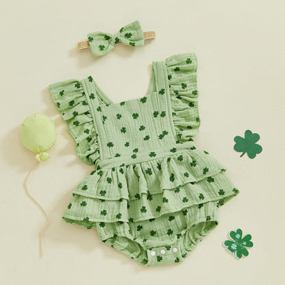 Baby Girls Flutter Sleeve Ruffles Layered Romper Dress Cute Patterns Printed Holiday Outfit with Headband