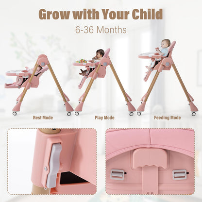 Portable High Chairs for Babies and Toddlers, 3-in-1 Foldable High Chair, Adjustable Height & Recline Baby Feeding Chair with Removable Tray, Adjustable Backrest, Pedal & Lockable Wheels Pink