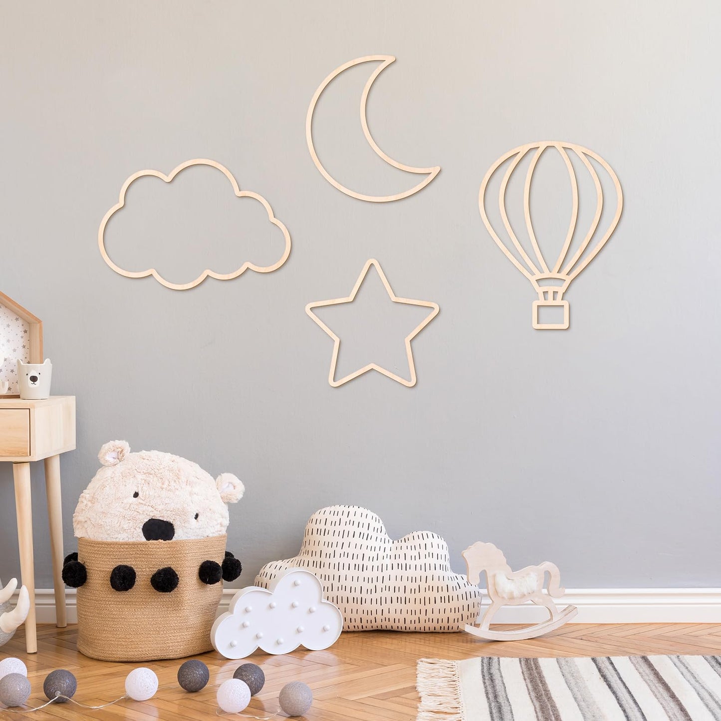 Kathfly4 Pieces Boho Nursery Cloud Star Wall Decor Wooden Babyroom Moon Rattan Wall Decor Wooden Rainbow for Children Baby Kids Boys Girls Bedroom Nursery Pendant(Cloud Moon Star)