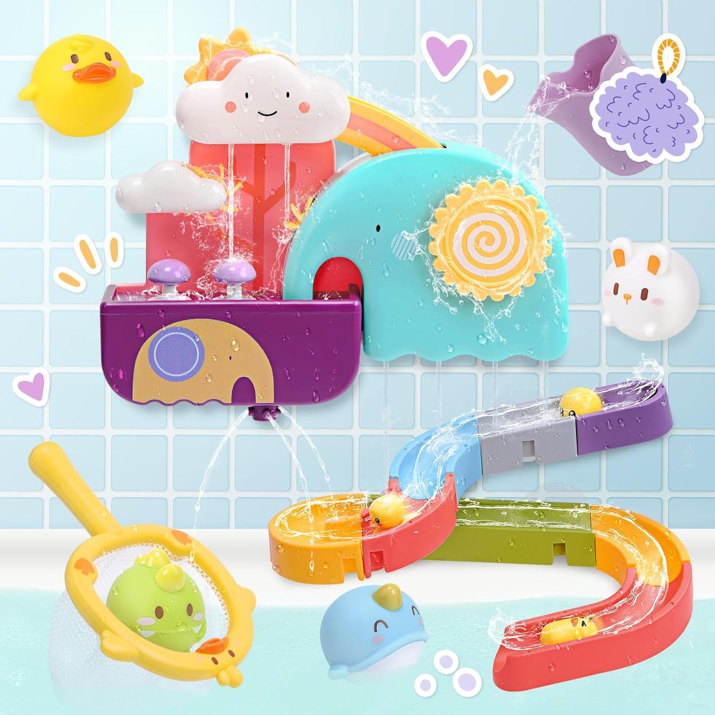 CUTE STONE Baby Bath Toys, Bathtub Toy W/ Water Slide Building Track, No Hole Floating Squirting Toys, Duck Fishing Net Game, Toddler Shower Toys, Water& Pool Toys, Educational Gifts for Boys Girls
