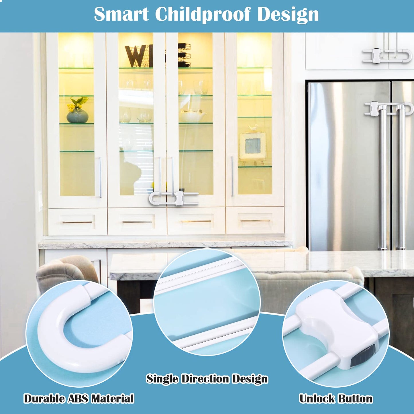 6 Packs Sliding Cabinet Locks, Modacraft Baby Proofing U-Shaped Child Safety Latches Adjustable White Locks for Handles Knobs Drawers Closet Cupboard