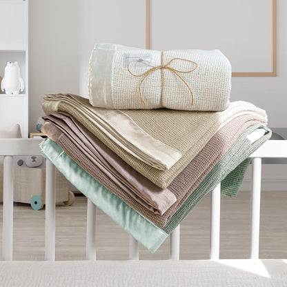 Swaddle Baby Blanket: Waffle Blanket with Satin Strim - Soft Breathable Toddler Blanket for Nursing Cover - Cotton Crib Blanket for Naptime（Cream）
