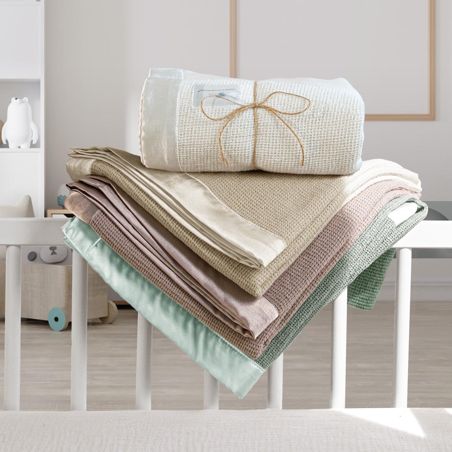 Swaddle Baby Blanket: Waffle Blanket with Satin Strim - Soft Breathable Toddler Blanket for Nursing Cover - Cotton Crib Blanket for Naptime（Cream）