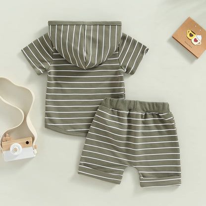 Toddler Baby Boy Summer Outfit Short Sleeve Hooded Stripes Top Casual Shorts Set Infant Newborn Clothes 6 12 18 24 Month