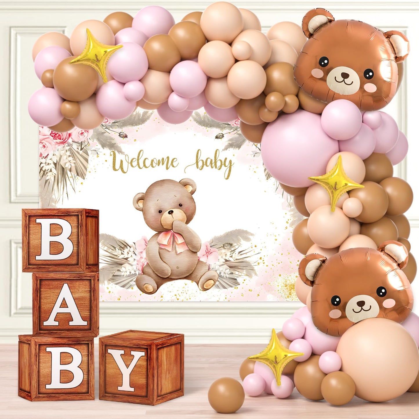 117 Teddy Bear Baby Shower Decorations for Boy Birthday Supplies Brown Blue Balloon Garland Kit Wood Grain Boxes with Letters Bearly Wait Backdrop Bear Theme Baby Shower Decor