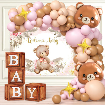 117 Teddy Bear Baby Shower Decorations for Boy Birthday Supplies Brown Blue Balloon Garland Kit Wood Grain Boxes with Letters Bearly Wait Backdrop Bear Theme Baby Shower Decor