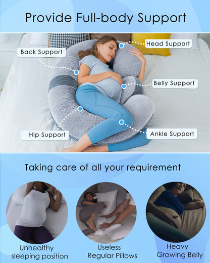 QUEEN ROSE Cooling Pregnancy Pillows,E Shaped Full Body Pillow for Sleeping, with Pregnancy Wedge Pillow for Belly Support, 60 Inch Maternity Pillow for Side Sleeper, Cooling Rayon Cover, Purple