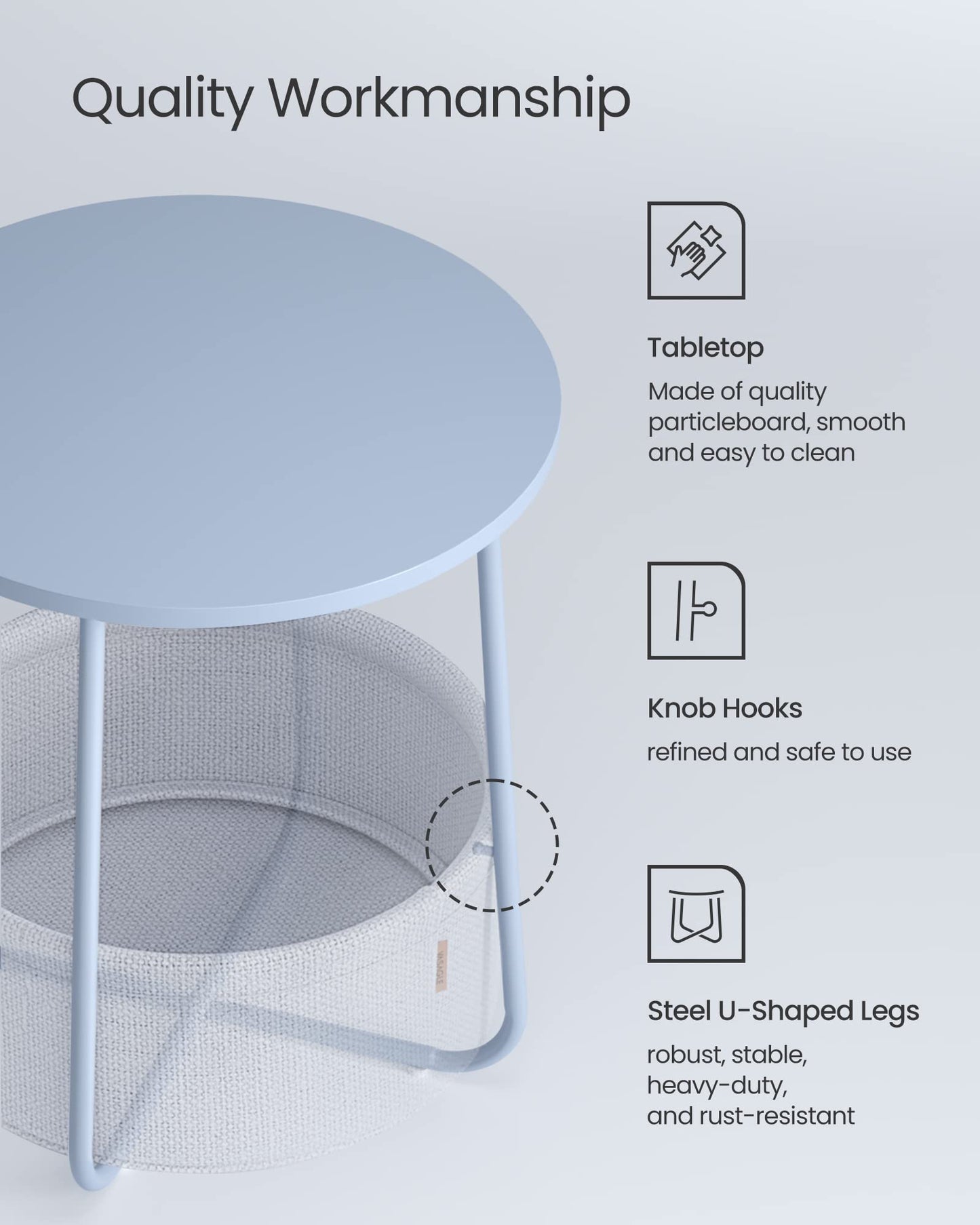 VASAGLE End Table, Small Bedside Table with Fabric Basket, Modern Nightstand, Round Side Table, for Living Room, Bedroom, Matte White and Camel Brown ULET223W10