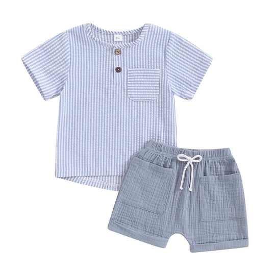 fhutpw Baby Boy Summer Outfits Henley Shirt Soft Pocket Short Sleeve Tops & Shorts Sets Infant 3 6 12 18 Months 2T Clothes