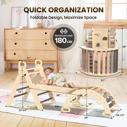 BlueWood Pikler Triangle Set 7-in-1 Foldable Baby Climbing Wooden Toys with Arch&Ramp&Ladder Climber Indoor Jungle Gyms for Toddlers - Rainbow