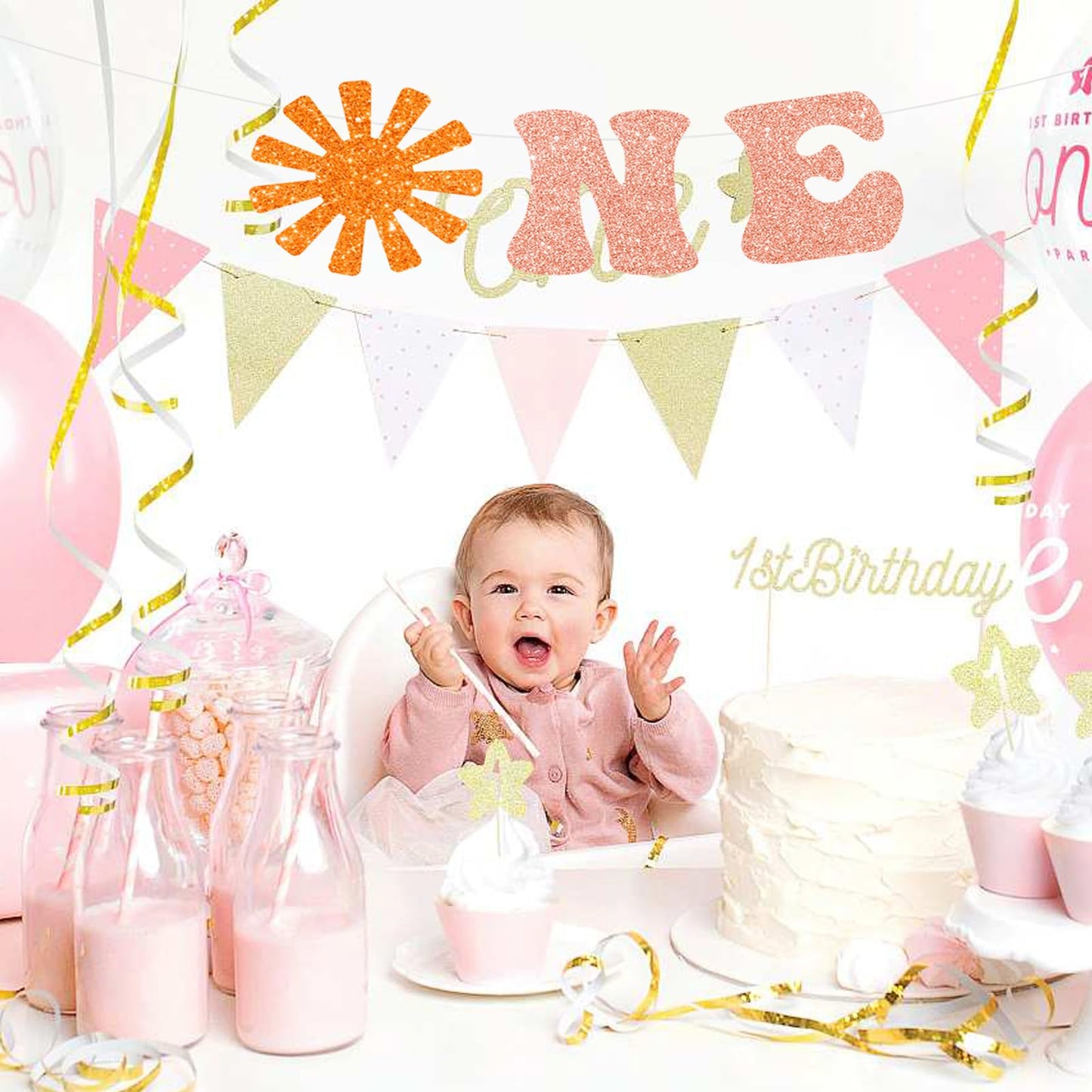 Pre-Strung Baby Shower Banner Oh Baby Sign Rose Gold Glittery Letters | Teddy Bear Gender Reveal Decorations | Baby Sprinkle Decorations for Girl Boy | Baby Gender Reveal Party Decoration Supplies
