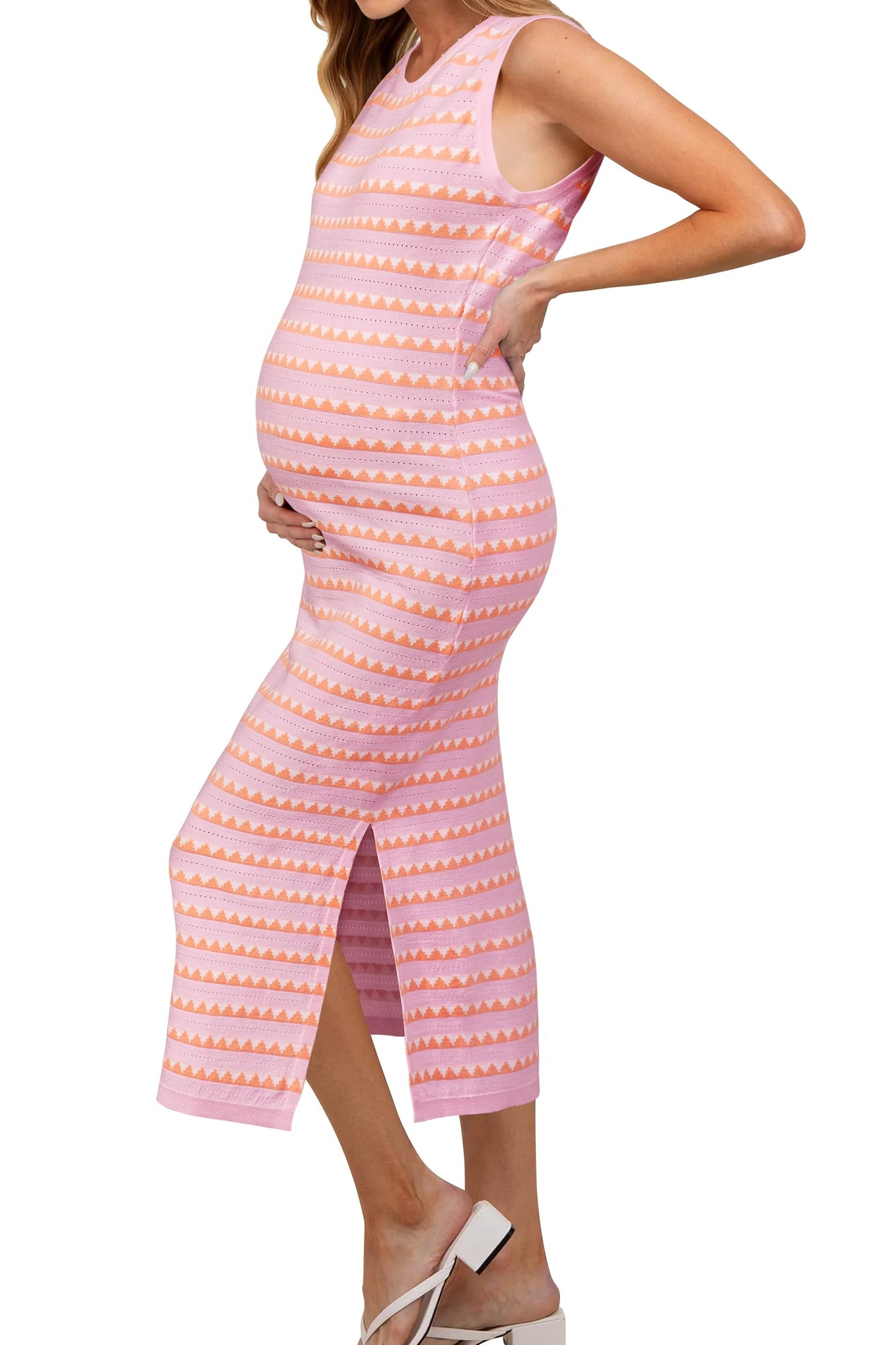 OUGES Women's 2025 Summer Maternity Dress Knit Sleeveless Crewneck Midi Dress Side Slit Striped Bodycon Sweater Dress