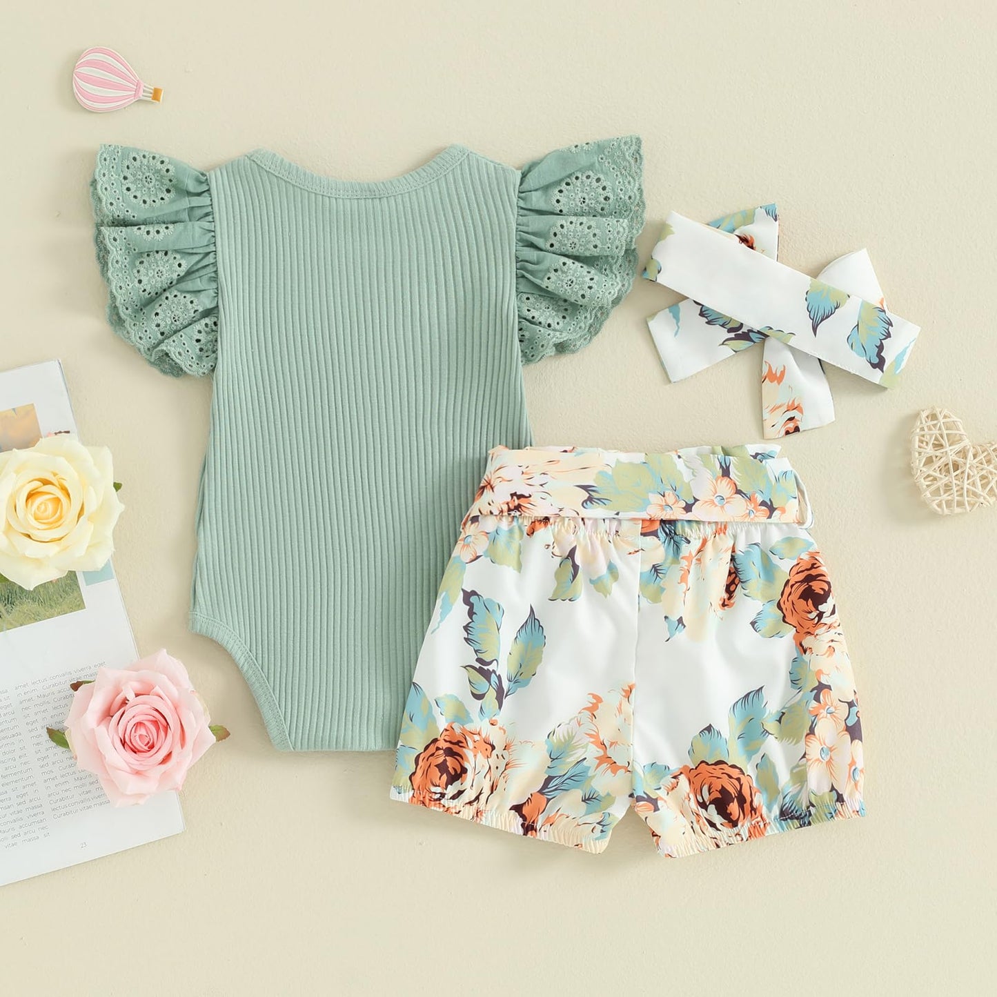Hello World Newborn Outfit Baby Girl Going Home Outfit Ruffle Ribbed Romper Top Floral Pants Set Cute Summer Clothes