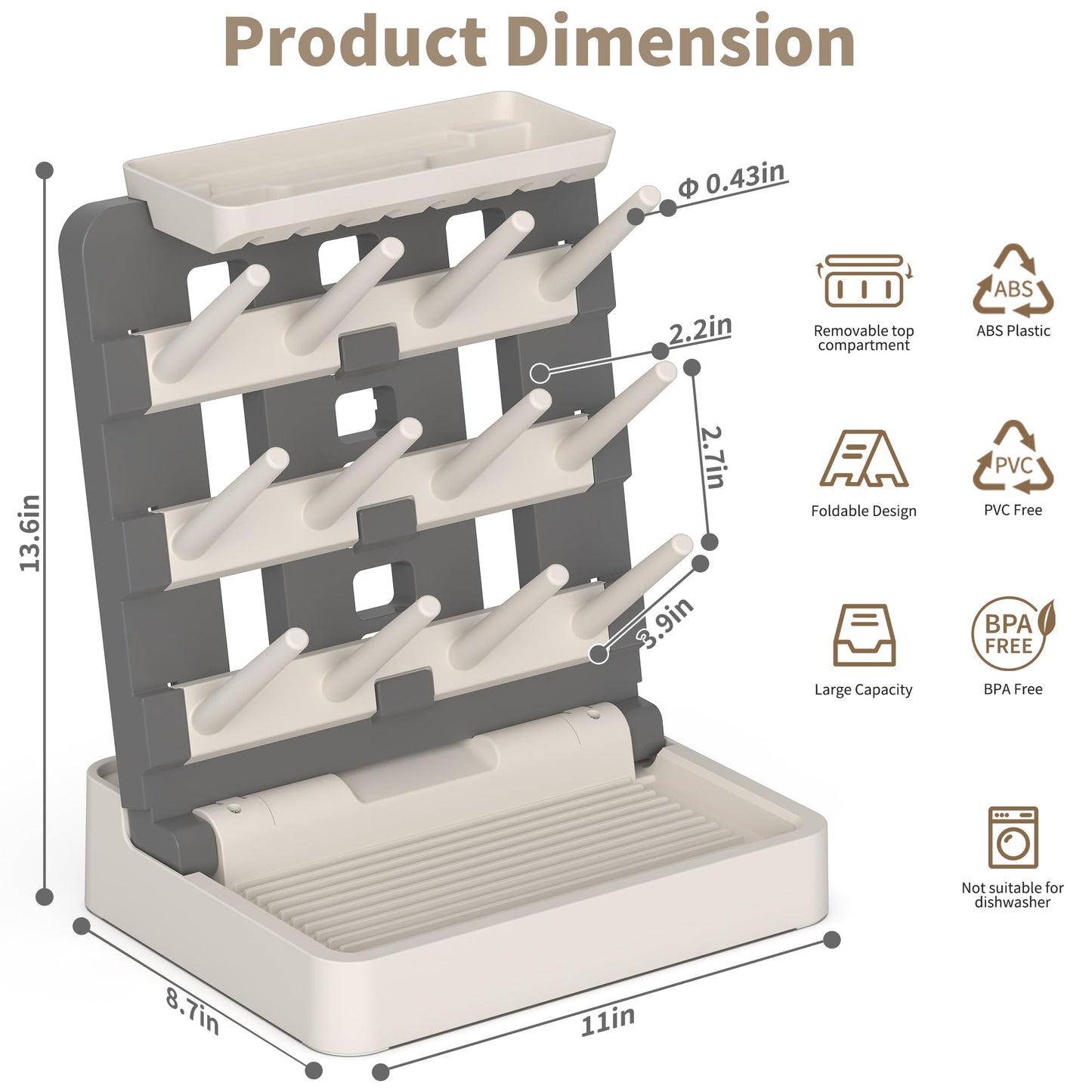 Baby Bottle Drying Rack, Vertical Standing Bottle Dryer Rack Holder-Space Saving Baby Bottle Drying Rack for Countertop-Holds Up to 12 Baby Bottles & Cup(Gray & Khaki)