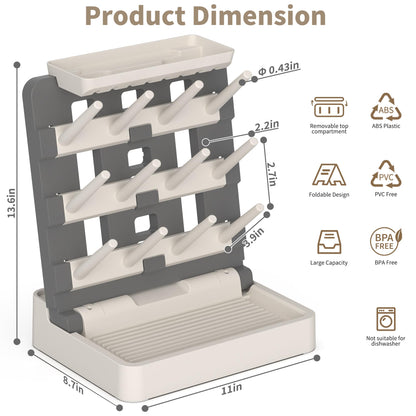 Baby Bottle Drying Rack, Vertical Standing Bottle Dryer Rack Holder-Space Saving Baby Bottle Drying Rack for Countertop-Holds Up to 12 Baby Bottles & Cup(Gray & Khaki)