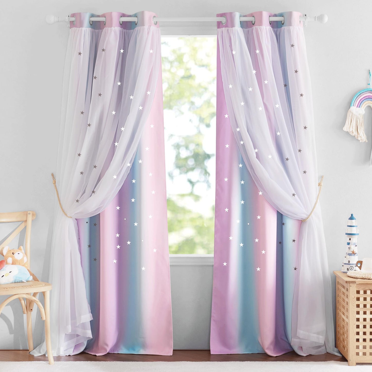 NICETOWN Nursery Curtains for Kids, Farmhouse Blackout Curtain Panels for Bedroom, Double Layer Star Hollow-Out Grommet Aesthetic Living Room Toddler Window Curtains, 2 Pcs, W52 x L84, Biscotti Beige
