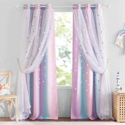 NICETOWN Nursery Curtains for Kids, Farmhouse Blackout Curtain Panels for Bedroom, Double Layer Star Hollow-Out Grommet Aesthetic Living Room Toddler Window Curtains, 2 Pcs, W52 x L84, Biscotti Beige