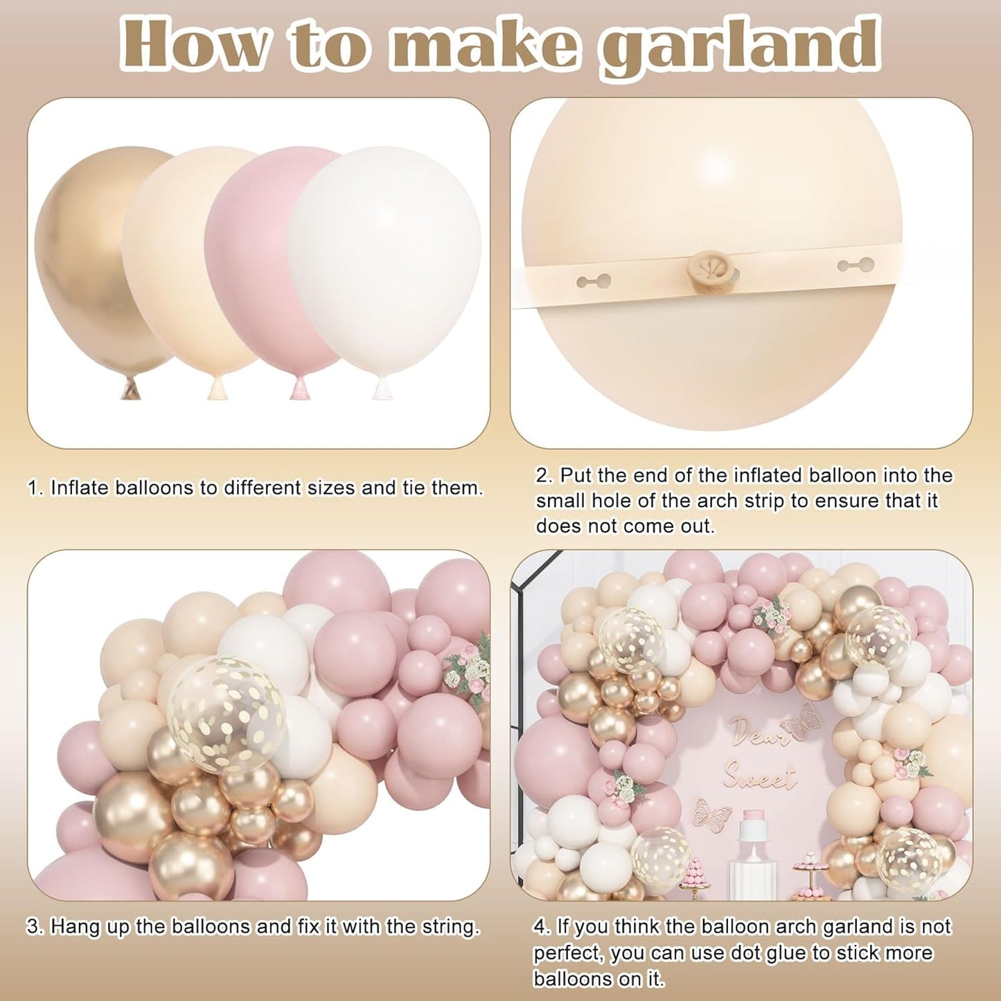 Ouddy Life 157 Pcs Boho Dusty Pink Balloons Arch Garland Kit, Blush Neutral Pink Sand White Metallic Gold Different Size Balloon for Girls Baby Shower Birthday Wedding Gender Reveal Party Decorations