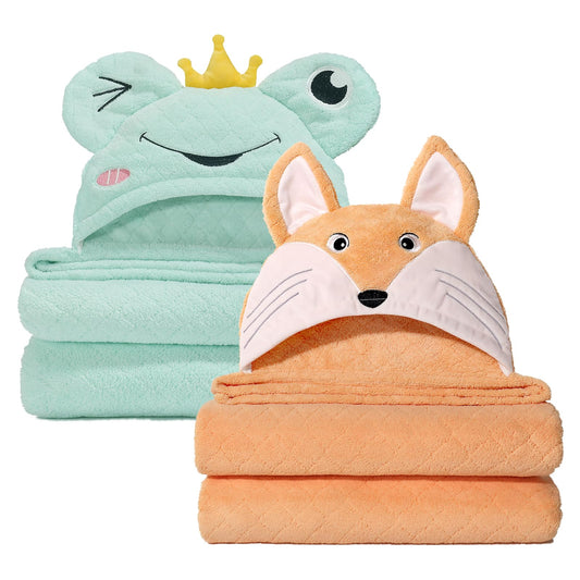 Hooded Baby Towels Boy for 0-6 Years, 50"x 32" Extra Large Toddler Bath Towels with Hood for Boys & Girls, 2-Pack Absorbent Thick Soft Gift for Kids Yellow Lion & Orange Monkey