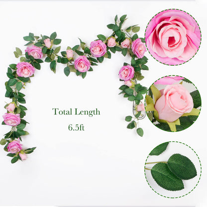 TELDRASSIL 4Pcs(26 FT) Artificial Rose Vine Fake Flower Garland Fake Silk Rose Hanging Vine for Wedding Party Background Arch Garden Background Decoration (Pink)