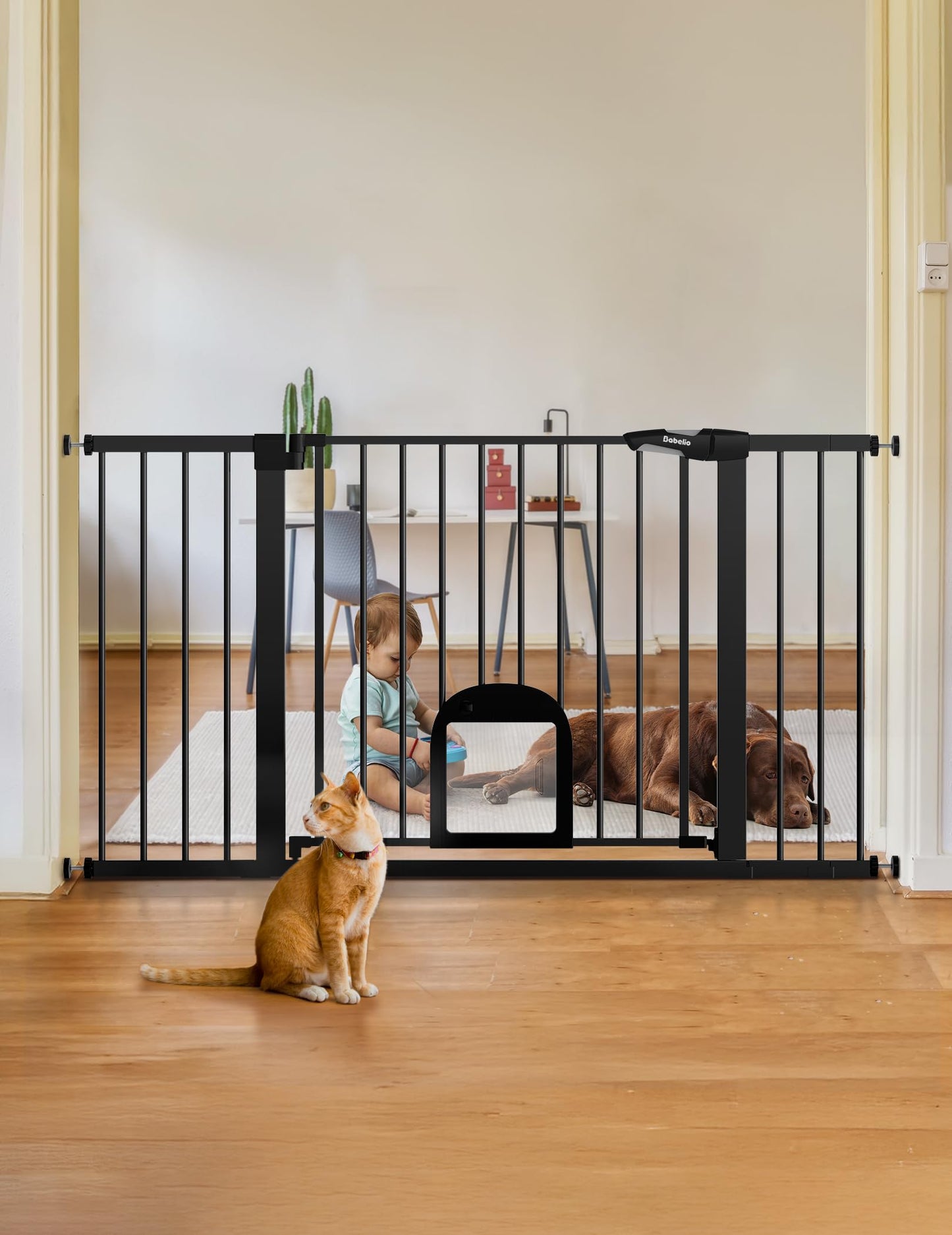 Babelio Upgraded Baby Gate with Cat Door, 29-43" Auto Close Durable Dog Gate for Stairs, Doorways and House, Easy Walk Thru Safety Gate with Pet Door Includes 4 Wall Cups, Black