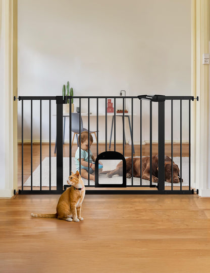 Babelio Upgraded Baby Gate with Cat Door, 29-43" Auto Close Durable Dog Gate for Stairs, Doorways and House, Easy Walk Thru Safety Gate with Pet Door Includes 4 Wall Cups, Black
