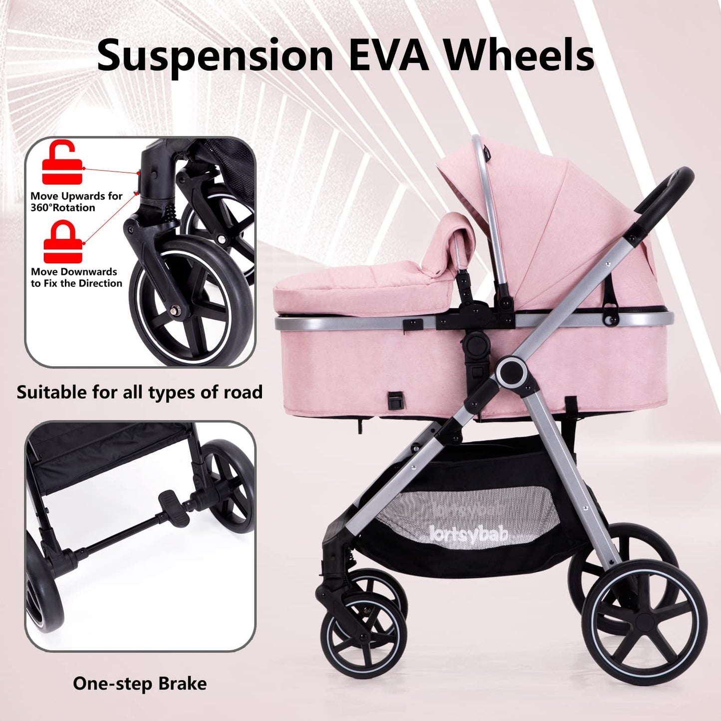 2-in-1 Baby Stroller with Bassinet Mode - Folding Infant Newborn Pram Stroller with Reversible Seat - Toddler Strollers for 0-36 Months Old Babies (Beige)