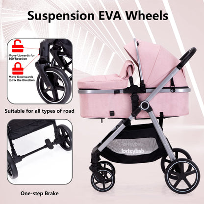 2-in-1 Baby Stroller with Bassinet Mode - Folding Infant Newborn Pram Stroller with Reversible Seat - Toddler Strollers for 0-36 Months Old Babies (Beige)