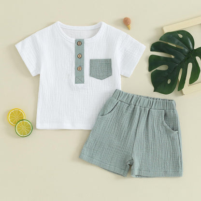 fhutpw Baby Boy Summer Outfits Henley Shirt Soft Pocket Short Sleeve Tops & Shorts Sets Infant 3 6 12 18 Months 2T Clothes