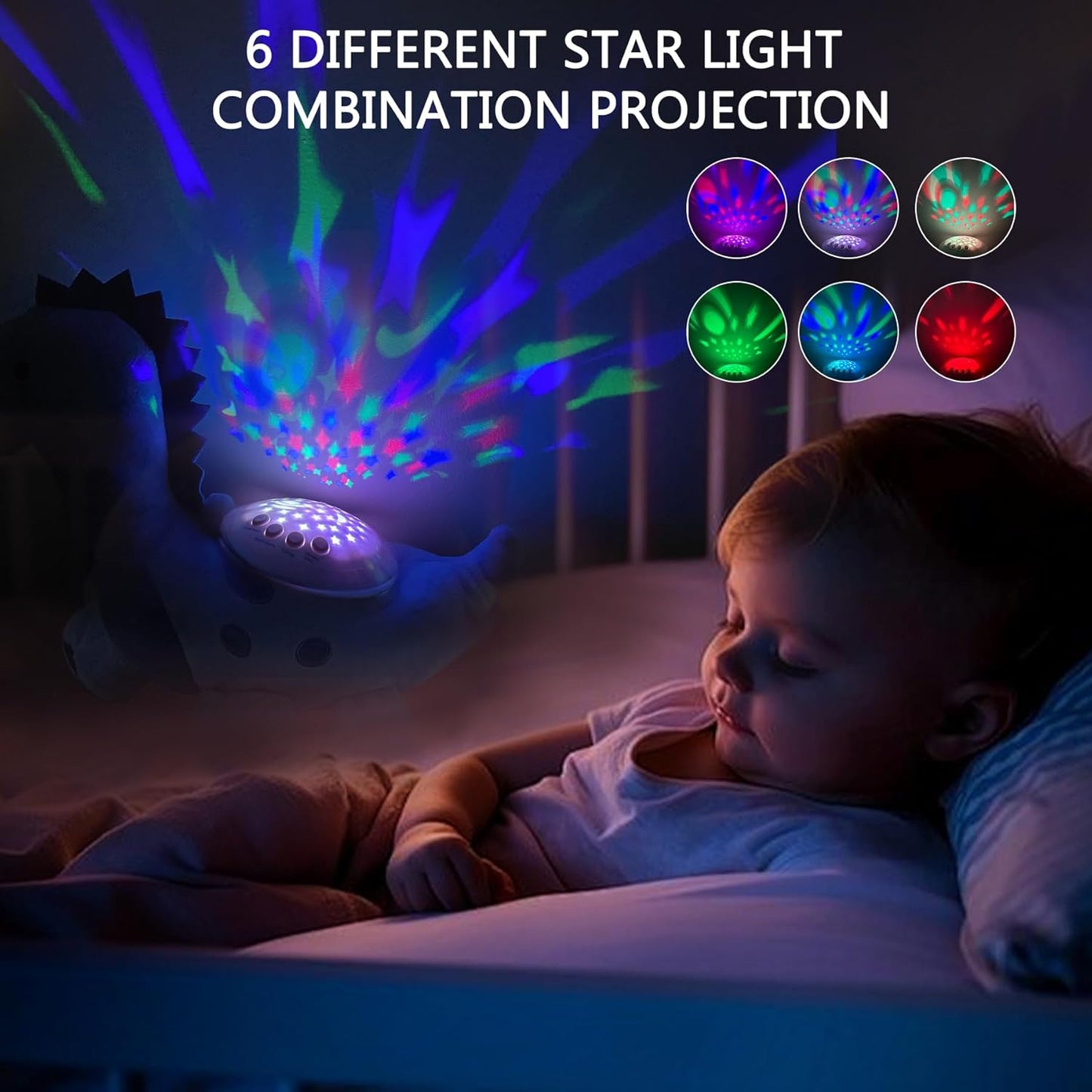 Baby Sleep Soother Cry Sensor Dinosaur Night Light Projector Baby Sound Machine Plush Stuffed Animal Toys for Boys Girls Pillow Ceiling for Toddler Lullabies & White Noise Sound
