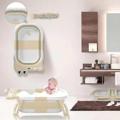 Collapsible Baby Bathtub for Newborn, Foldable Baby Bath Tub with Thermometer & Soft Floating Cushion & Drain Hole, Portable Travel Infant Bath Tubs for Newborns to Toddler 0-36 Months Girl, Pink